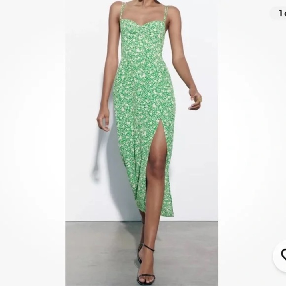 Zara Printed Corsetry Inspired MIDI Dress Vibrant Green White Floral Size Medium